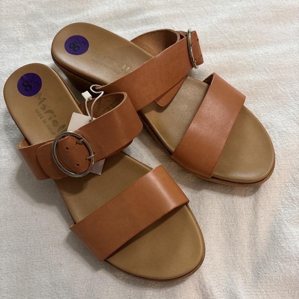 Mariella Tan Leather Open‎ Toe Slip-on Wedge Sandals  Buckle Size 8.5 Casual NWT